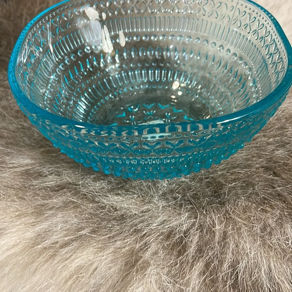 NWT Crate & Barrel Aqua Pressed Glass Phoebe Yogurt Bowl